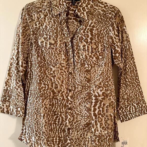 Foxcroft NYC Blouse Button Up Leopard Print Cotton NWT Brown White size 4 - Picture 2 of 6